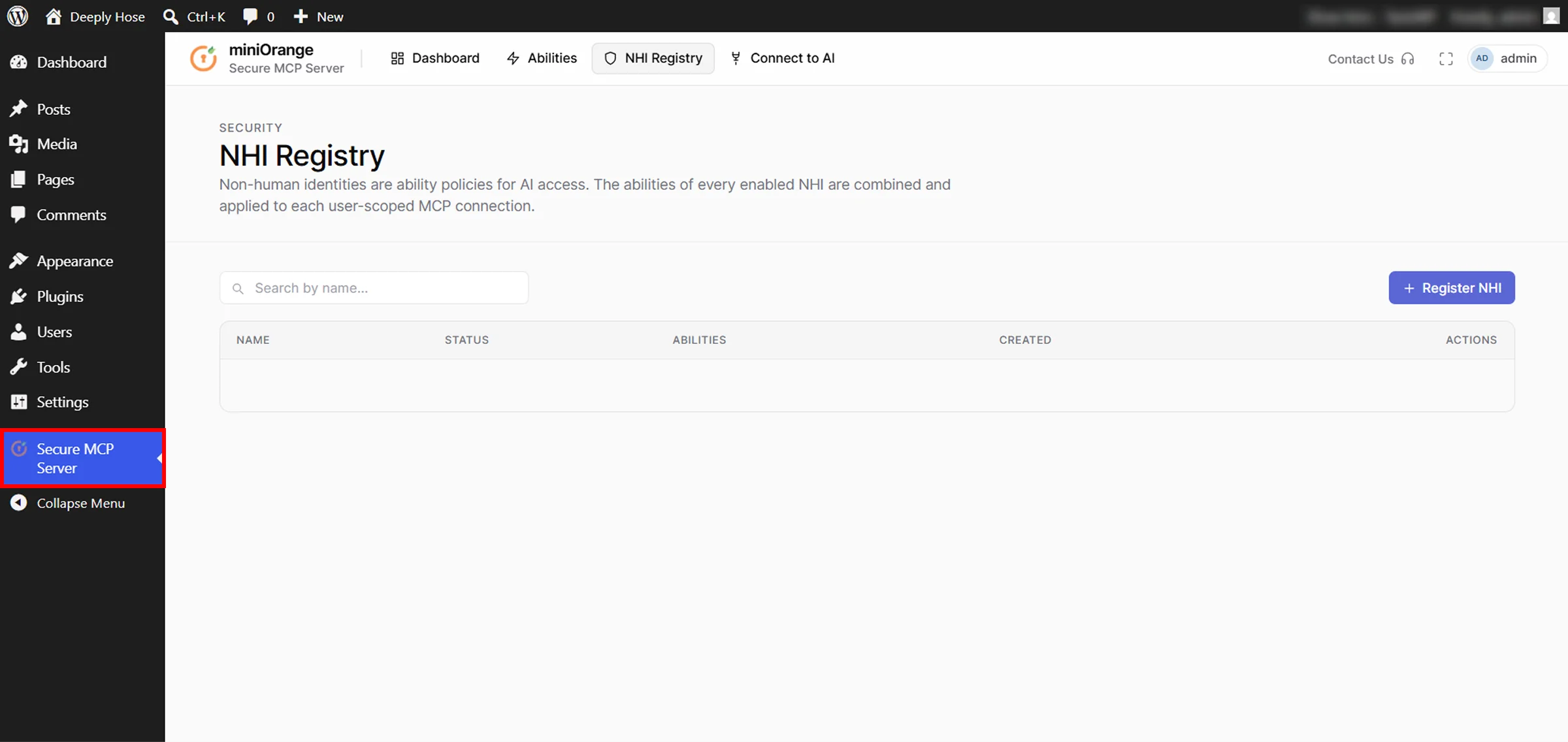 Connect WordPress to AI Agents using MCP | Secure MCP Server menu
