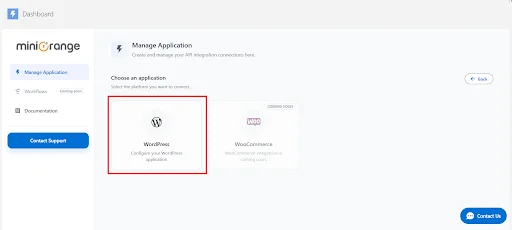 Select WordPress application card