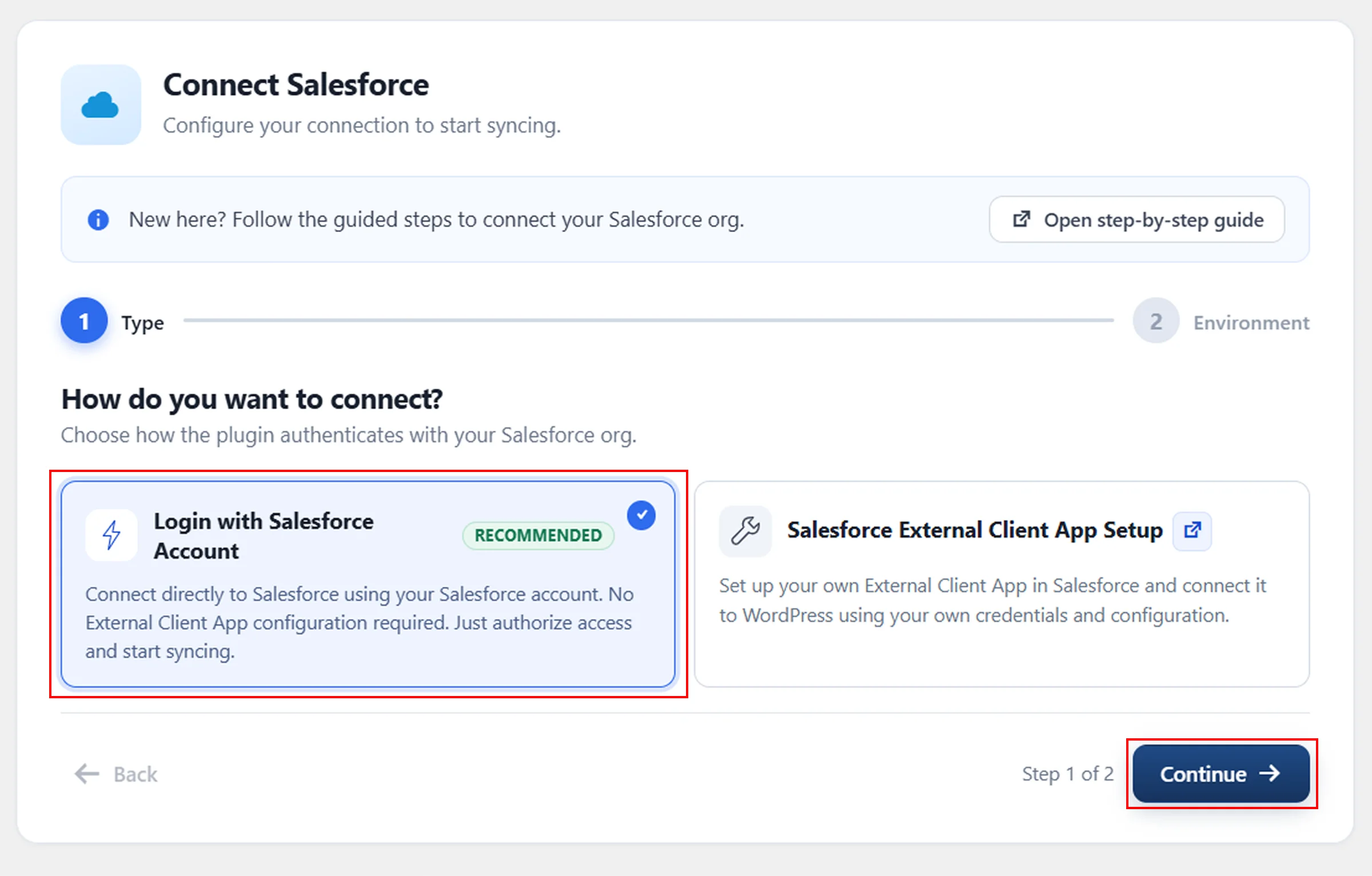 Configurer la synchronisation Salesforce avec WordPress - Se connecter avec un compte Salesforce