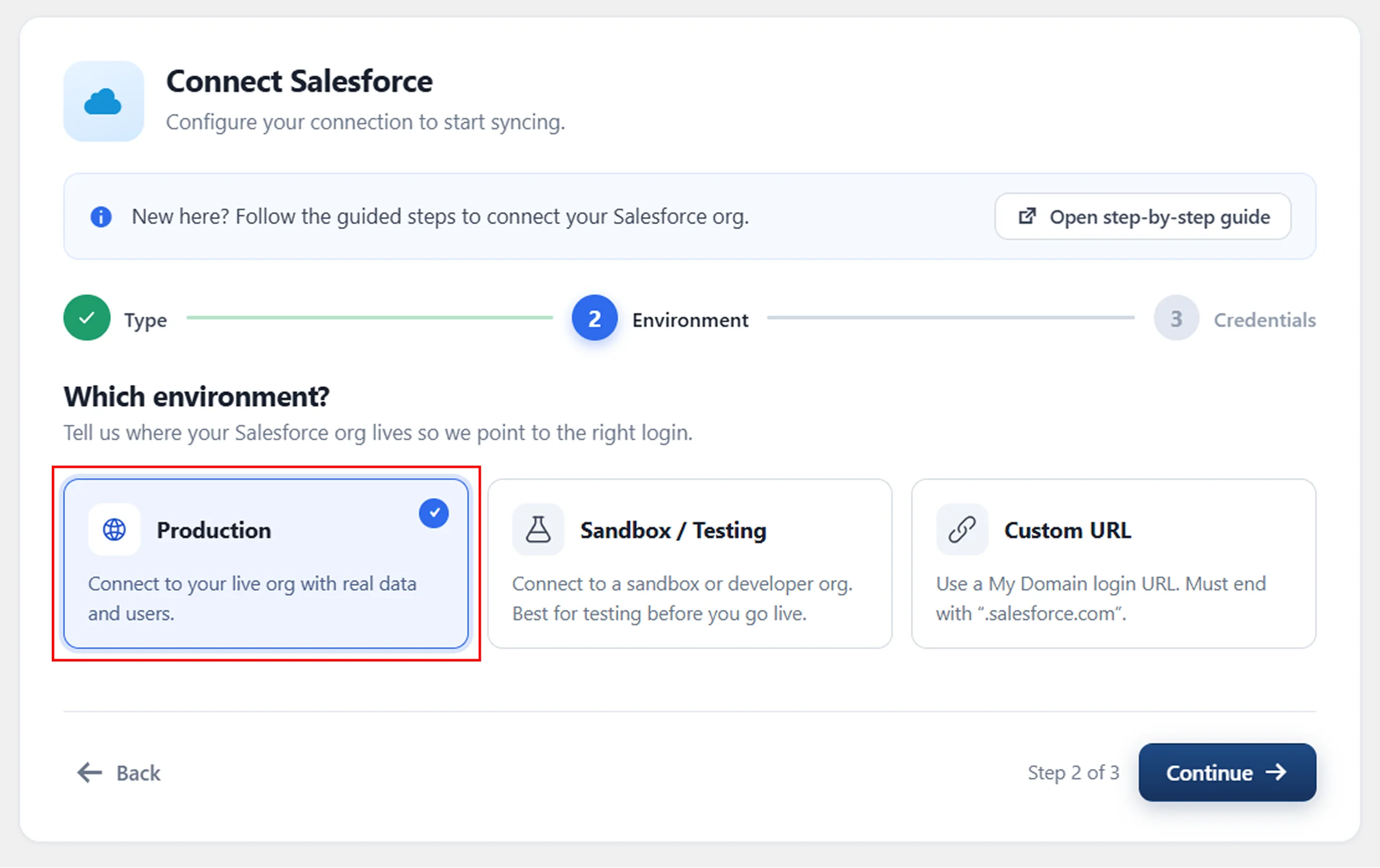Configurer la synchronisation Salesforce avec WordPress - Sélectionner l'environnement
