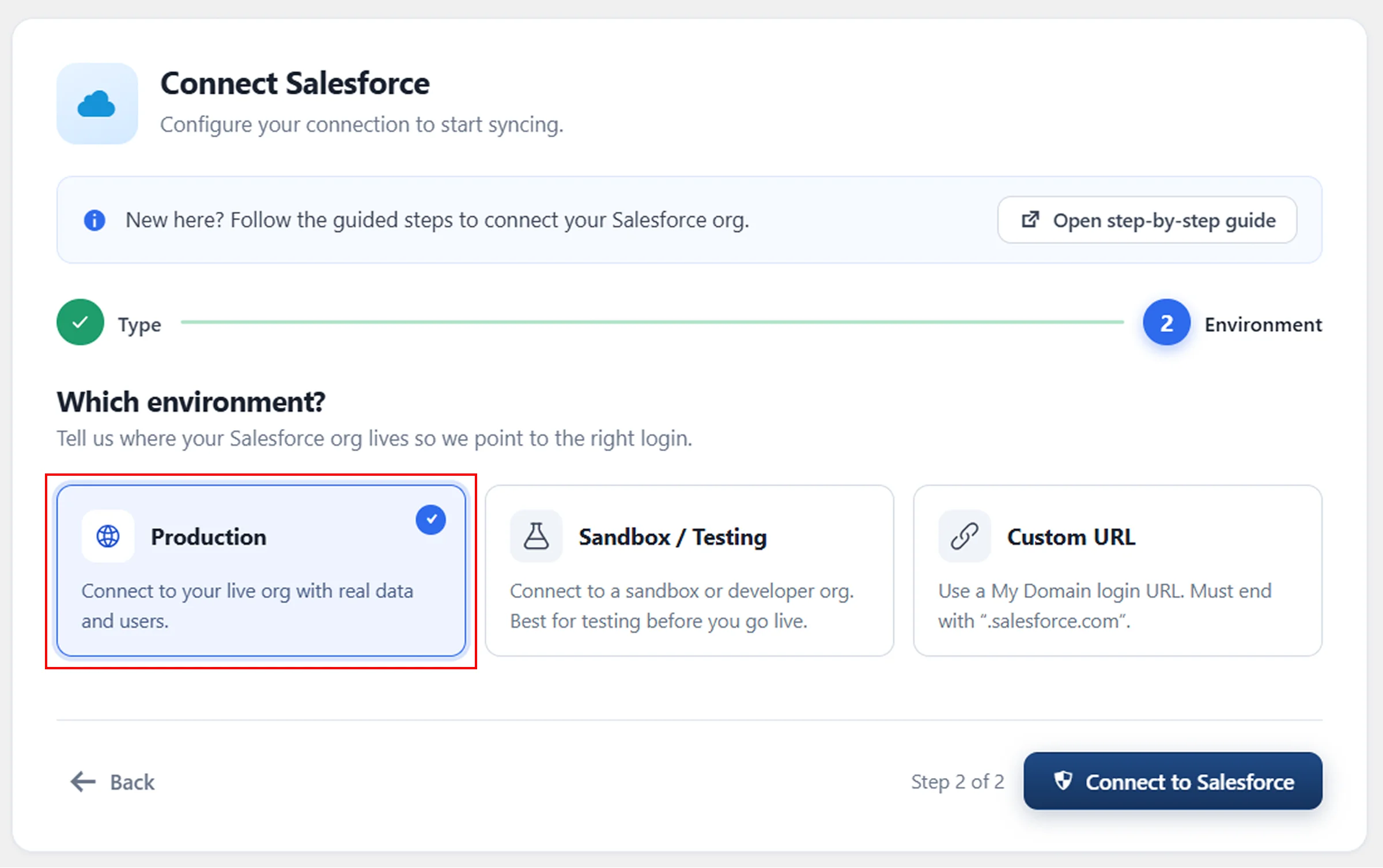 Configurer la synchronisation Salesforce avec WordPress - Sélectionner l'environnement