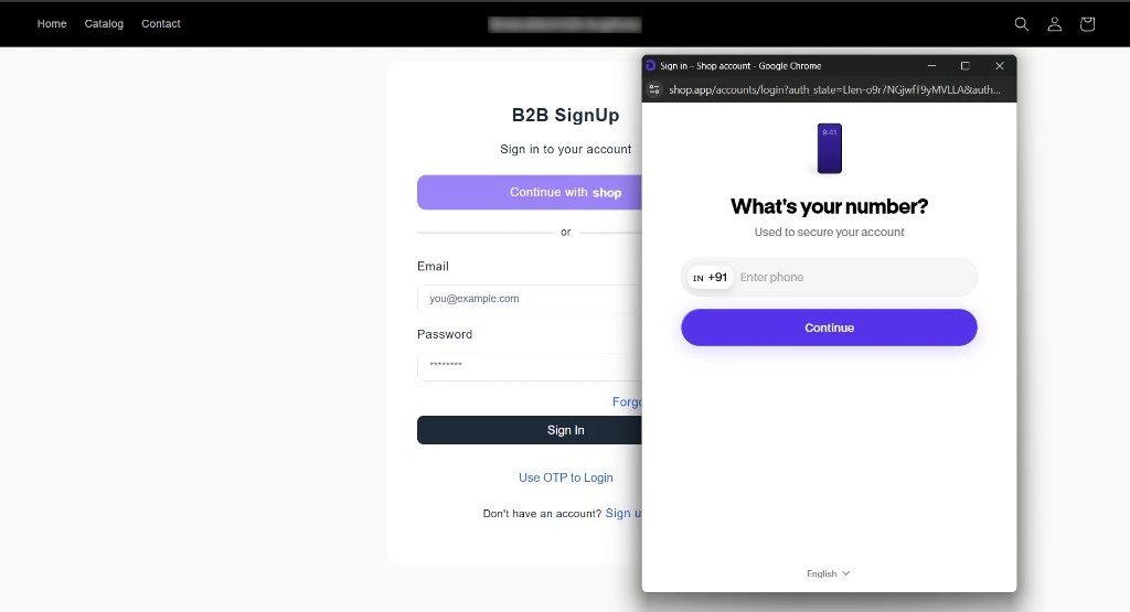 Enter phone number for Shop app account
