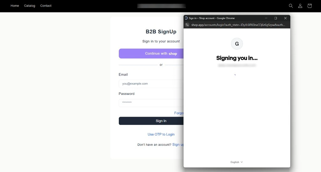 Shop app signing in to B2B storefront