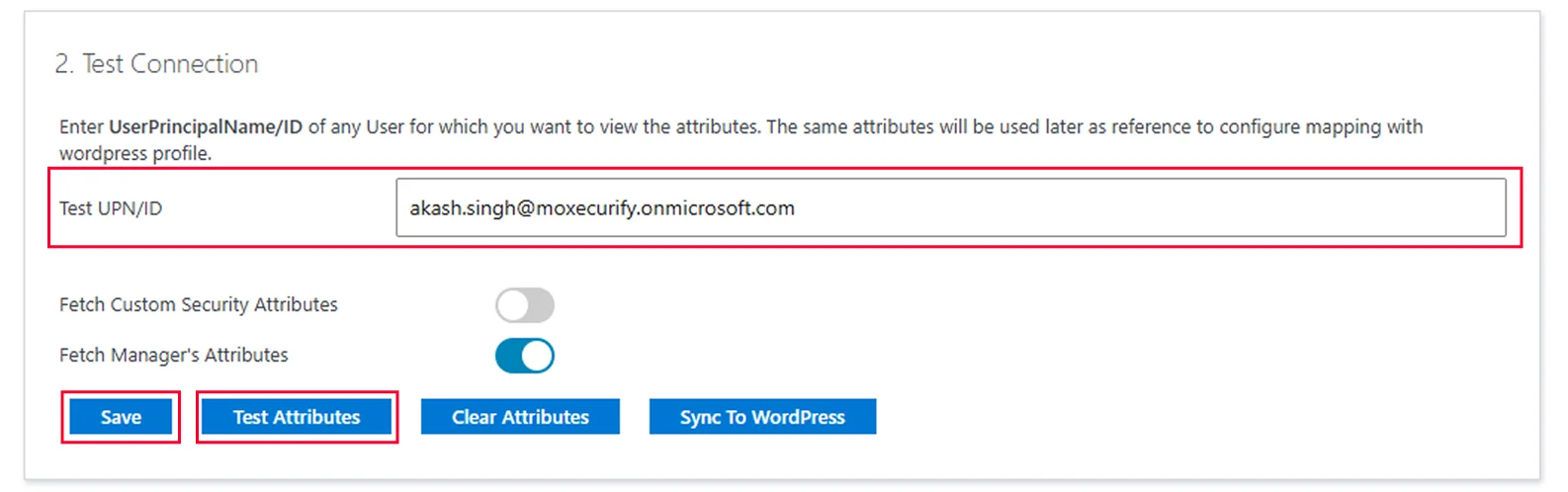 Setup Azure AD Sync - Test Connection, Test UPN field