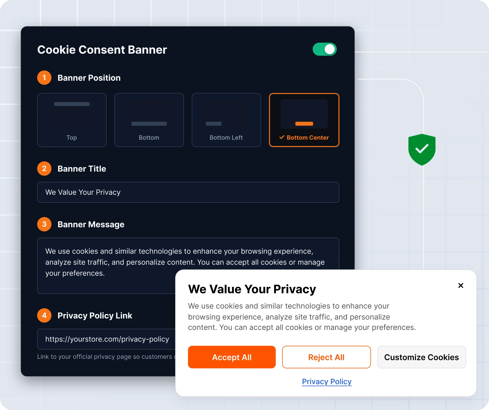 Customizable Magento cookie banner with Accept All, Reject All, and cookie preferences