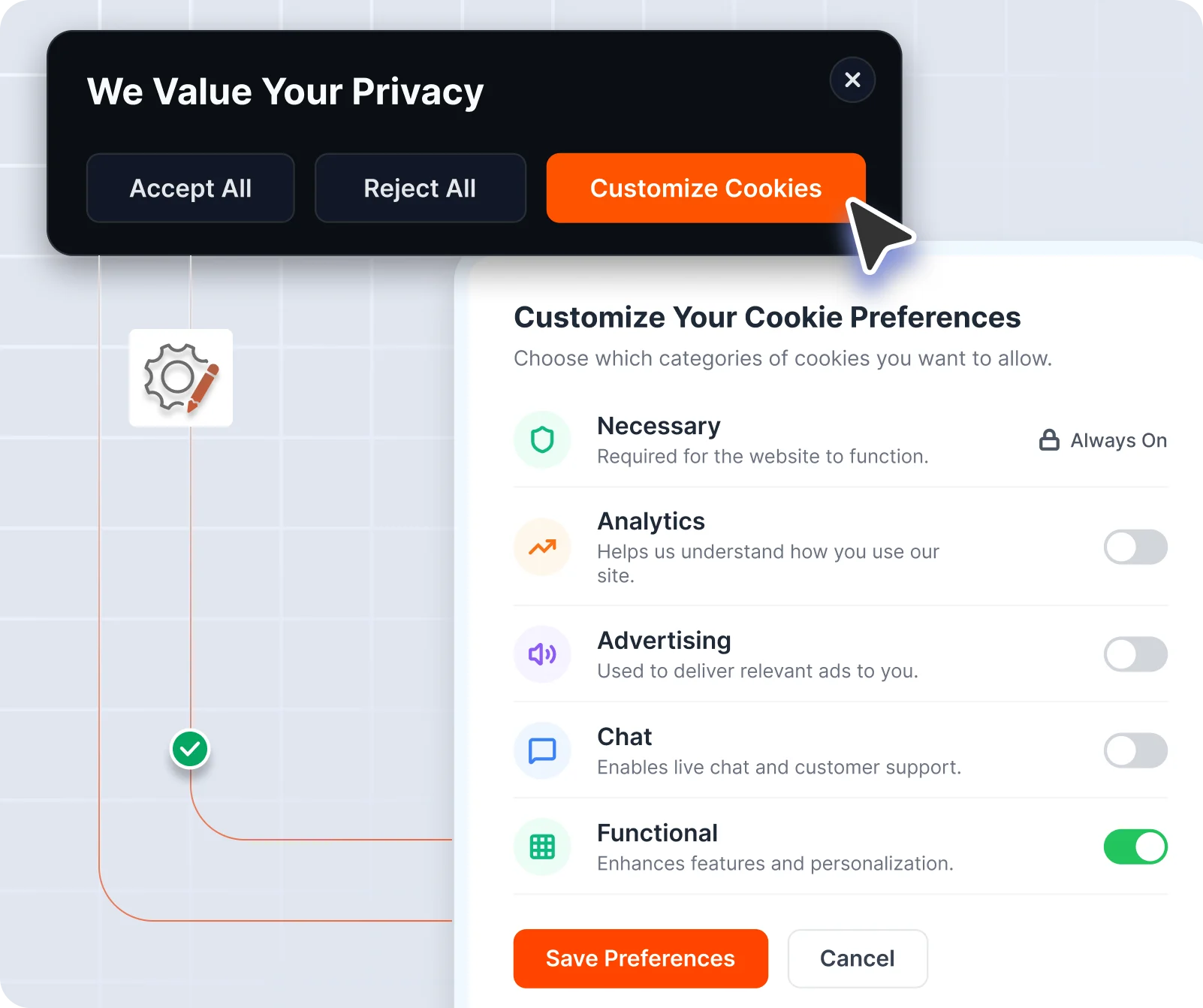 Magento cookie consent module for managing individual cookie category preferences