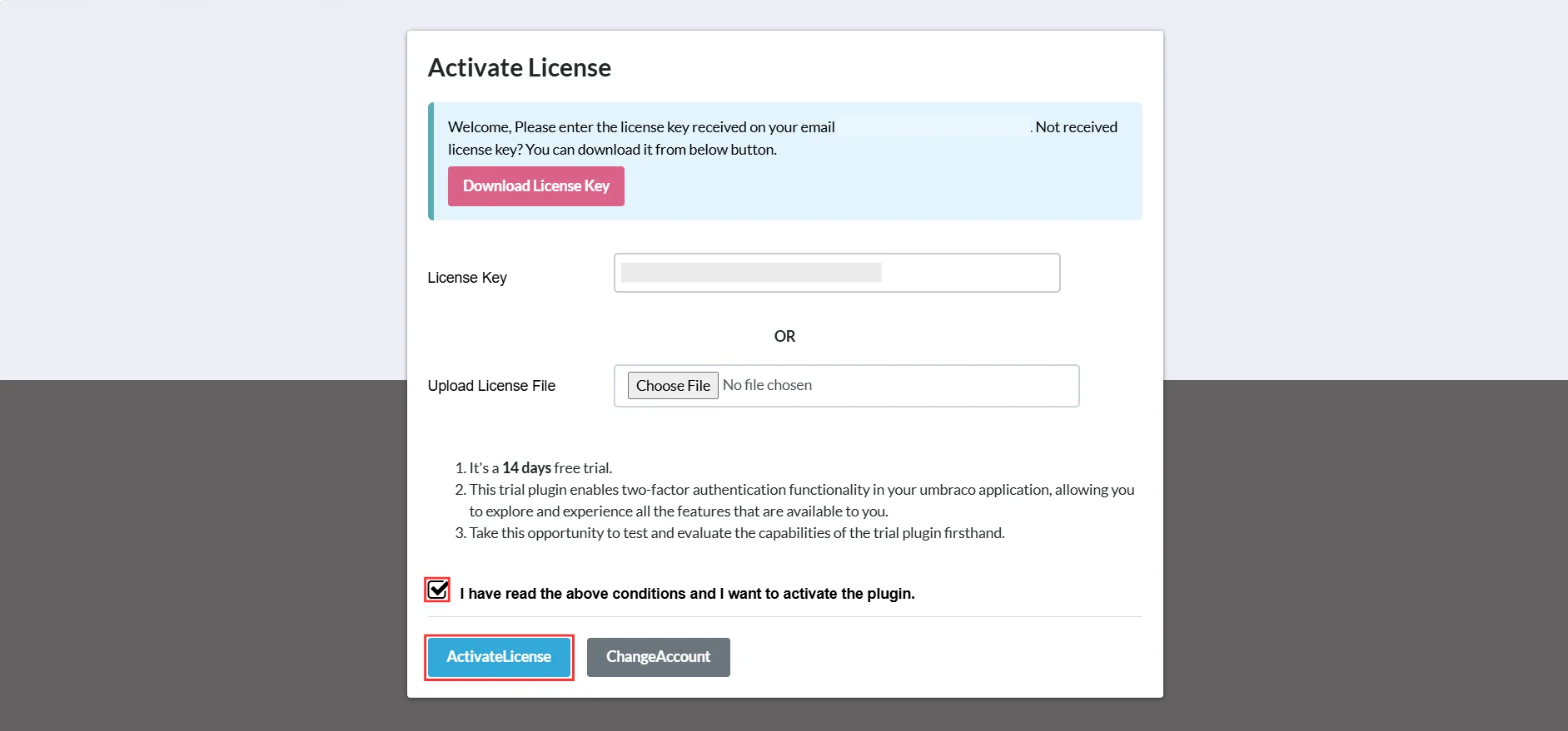 Umbraco 2FA - Activate License button
