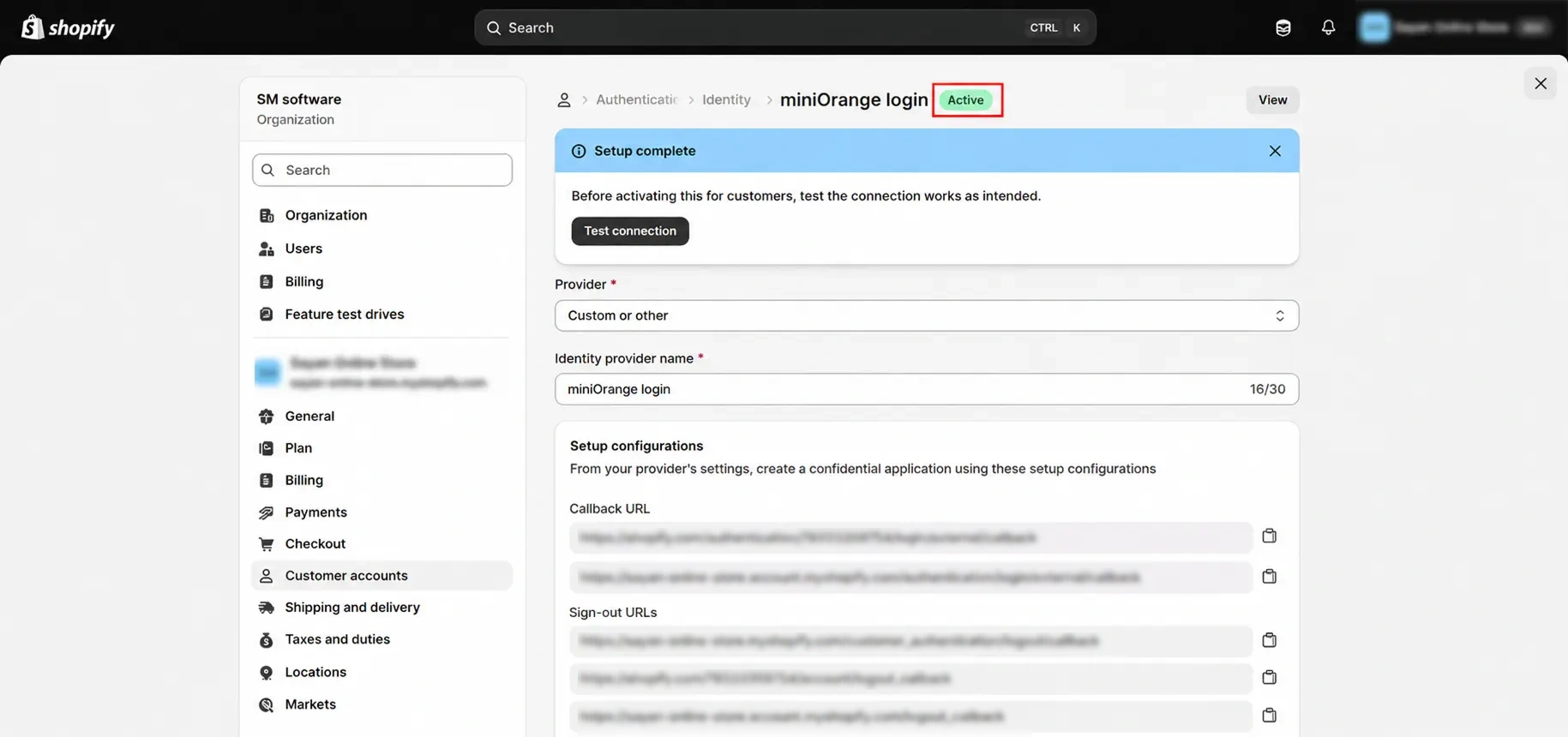 Enable Phone OTP Login on Shopify Plus Customer Accounts: Identity provider status showing Active