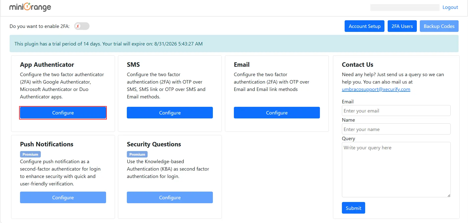Umbraco 2FA - Configure App Authenticator