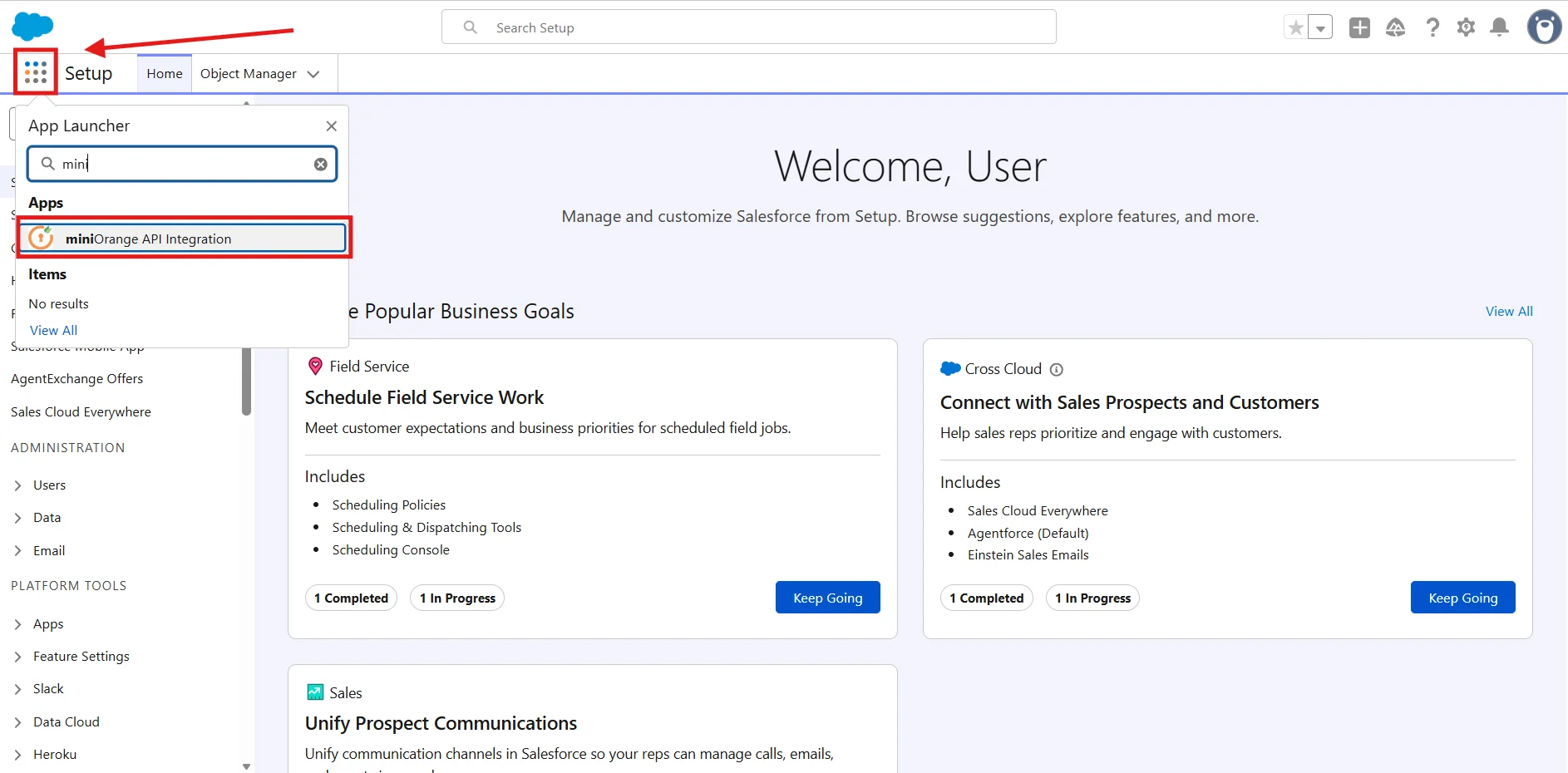 Open App Launcher to find miniOrange API Integration