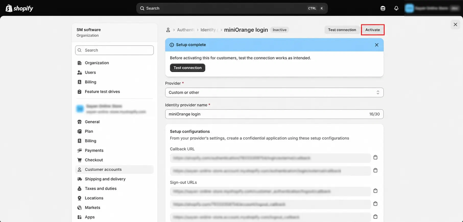 Enable Phone OTP Login on Shopify Plus Customer Accounts: Activate the custom identity provider