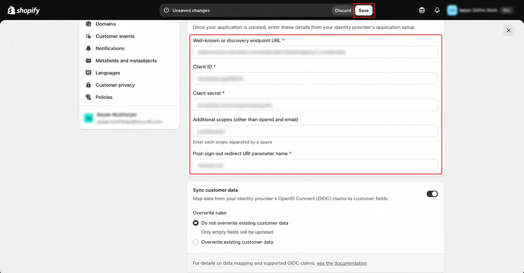 Enable Phone OTP Login on Shopify Plus Customer Accounts: Paste Client ID and Client secret