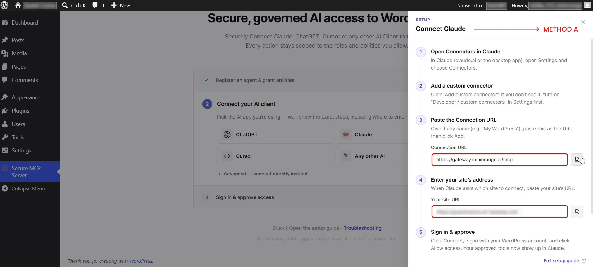 Connect WordPress to AI Agents using MCP | Connection methods for AI clients Gateway Method