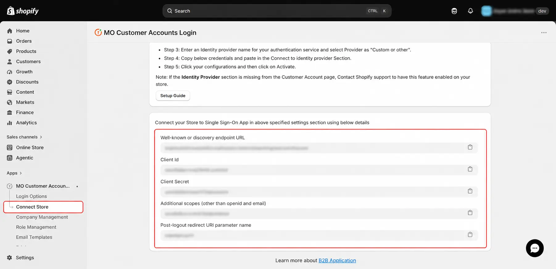 Enable Phone OTP Login on Shopify Plus Customer Accounts: Copy Client Id, Client Secret and discovery endpoint URL from Connect Store tab