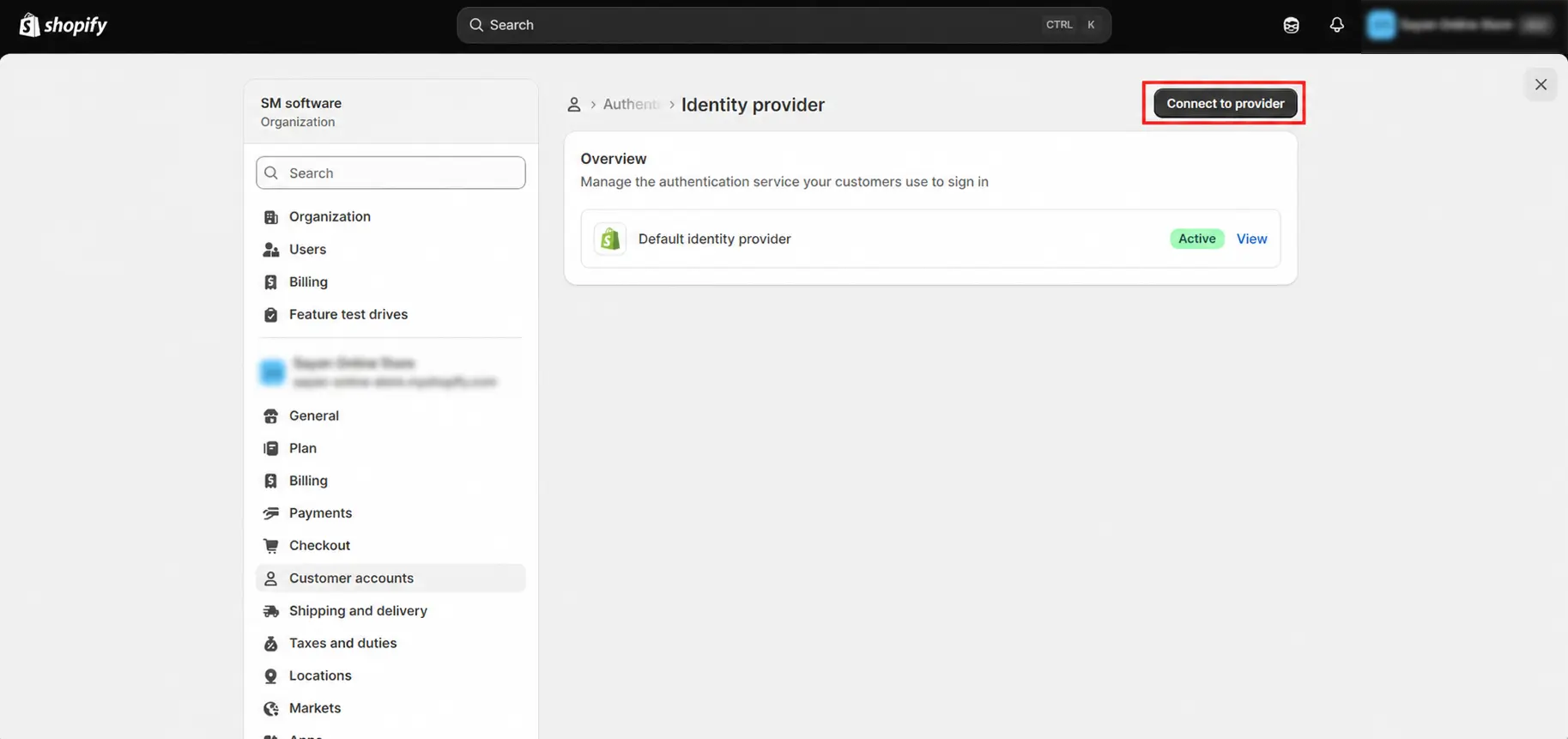 Enable Phone OTP Login on Shopify Plus Customer Accounts: Connect to provider button on Shopify identity provider page