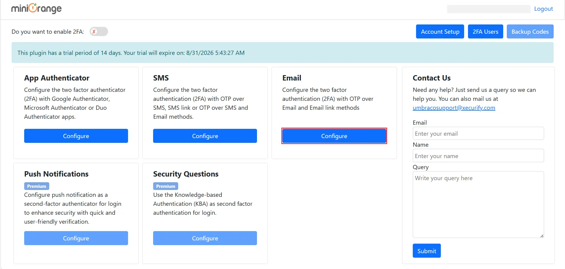 Umbraco 2FA - Configure OTP over Email
