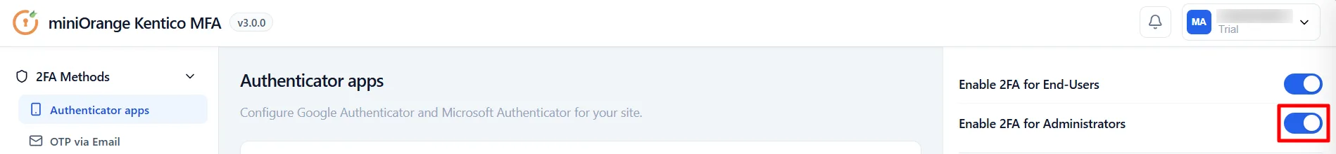 Kentico MFA - Enable 2FA for Administrators
