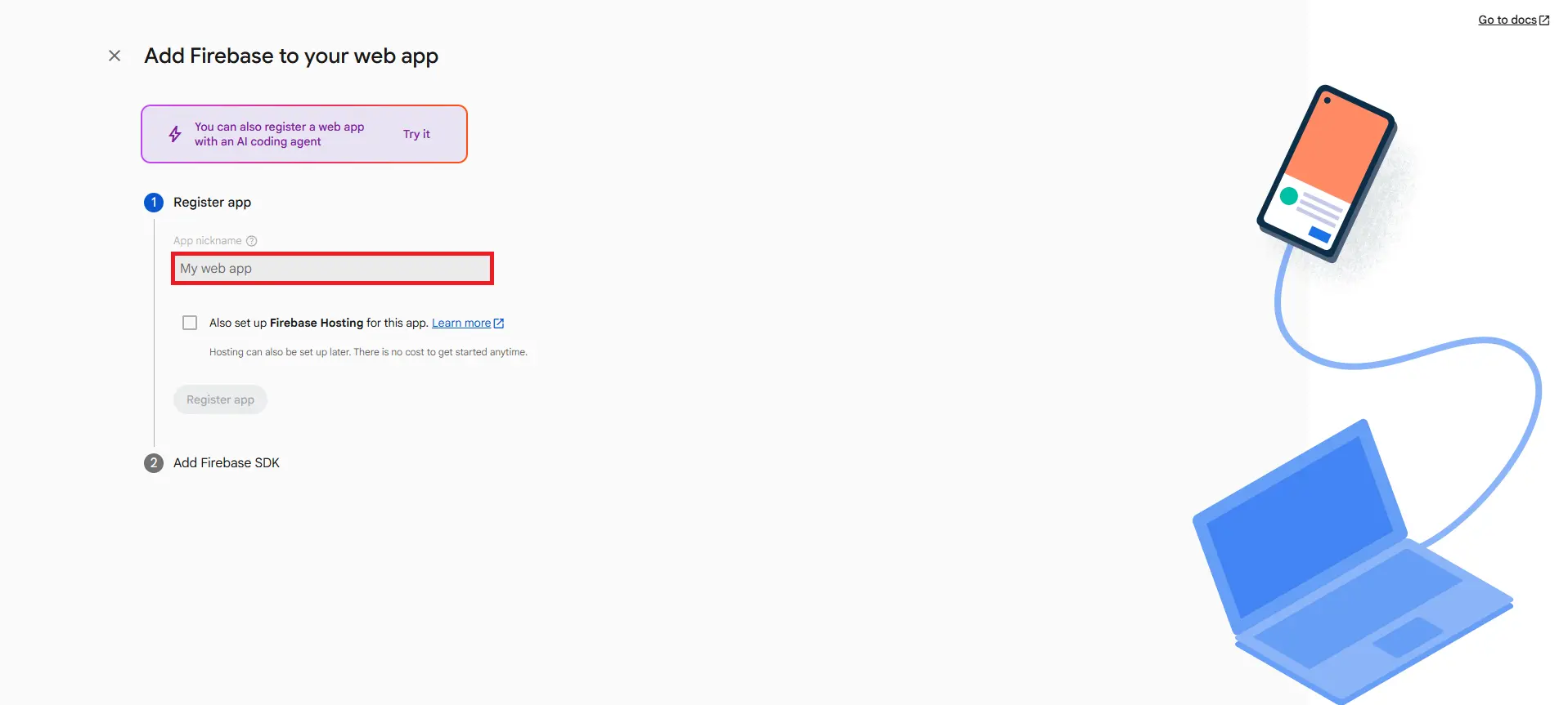 Register Firebase web app - Firebase Authentication for WordPress