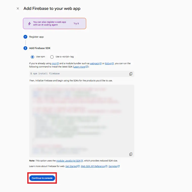 Register Firebase web app - Firebase Authentication for WordPress