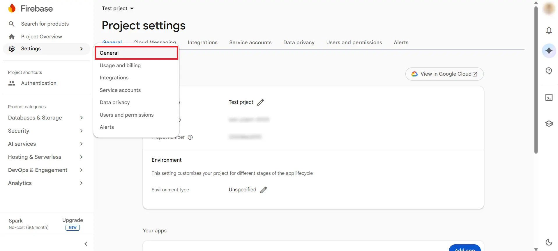 Firebase Project settings gear icon - Firebase Authentication for WordPress