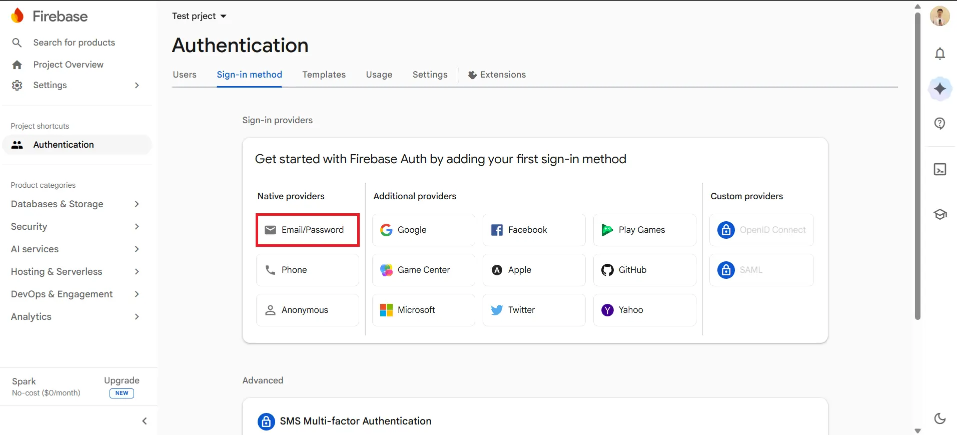 Select Email Password sign-in provider - Firebase Authentication for WordPress