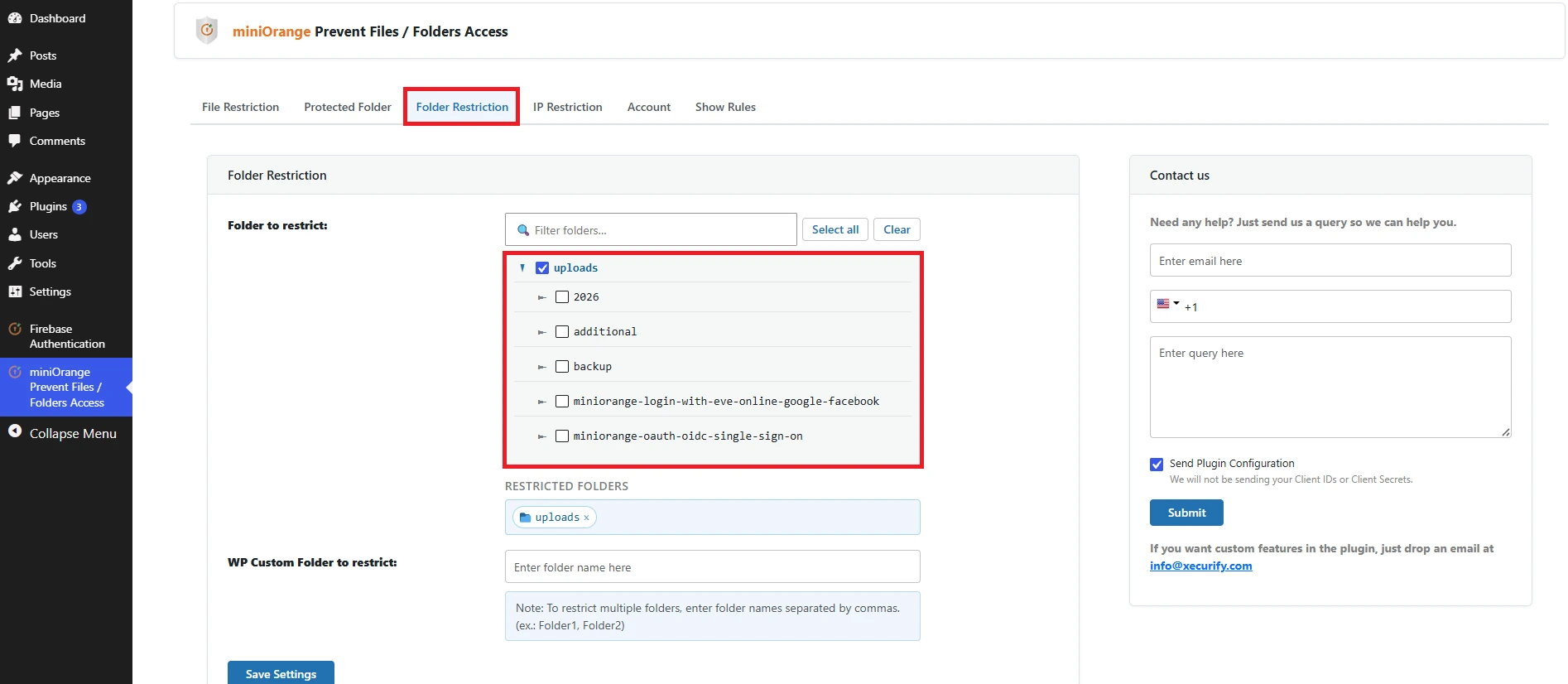 Folder Restriction tab - Prevent File Access plugin for WordPress