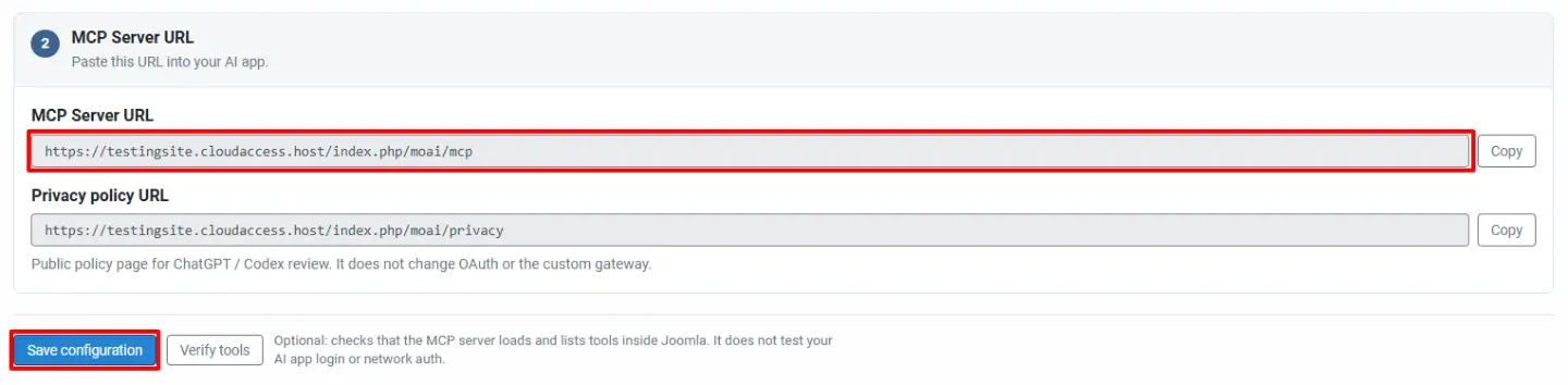 JoomlaAI - MCP Server: Copy MCP URL