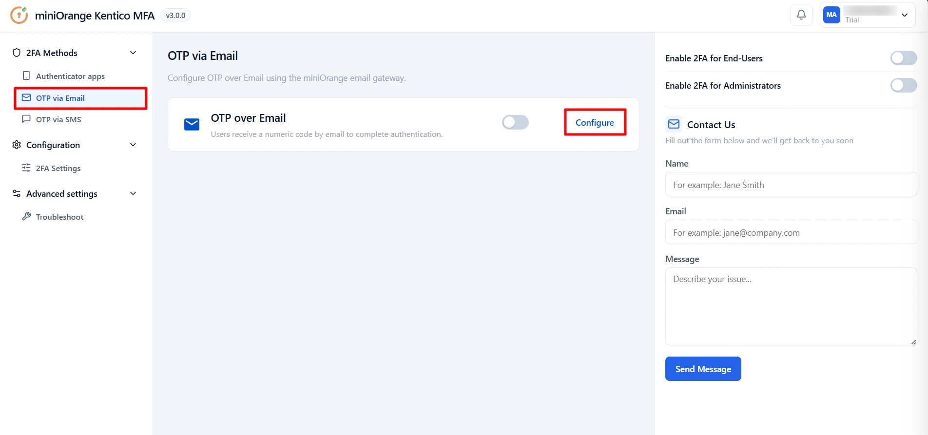 Kentico MFA - Configure OTP over Email