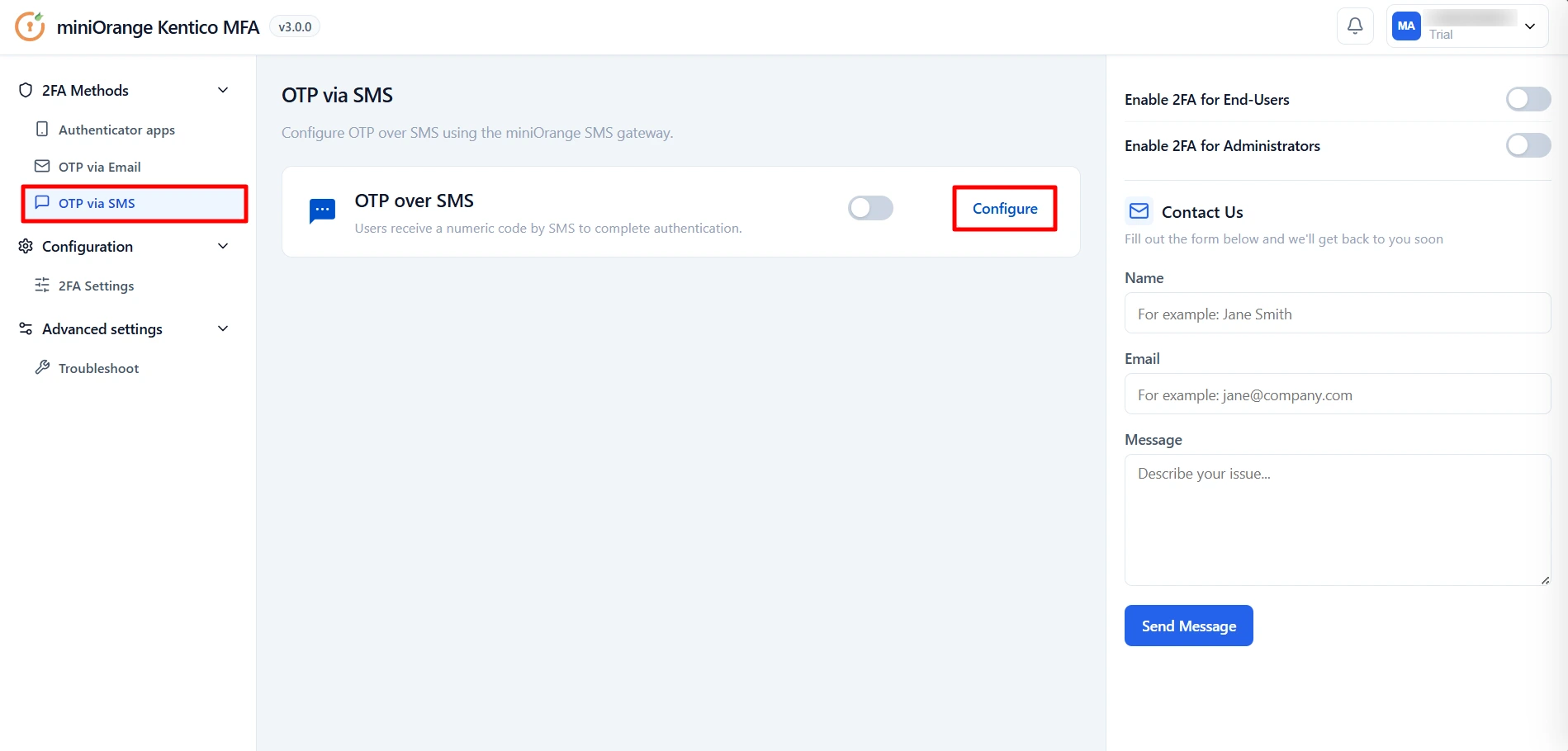Kentico MFA - Configure OTP over SMS