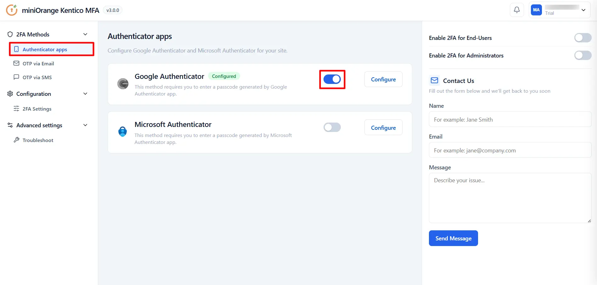 Kentico MFA - Google Authenticator configured and active