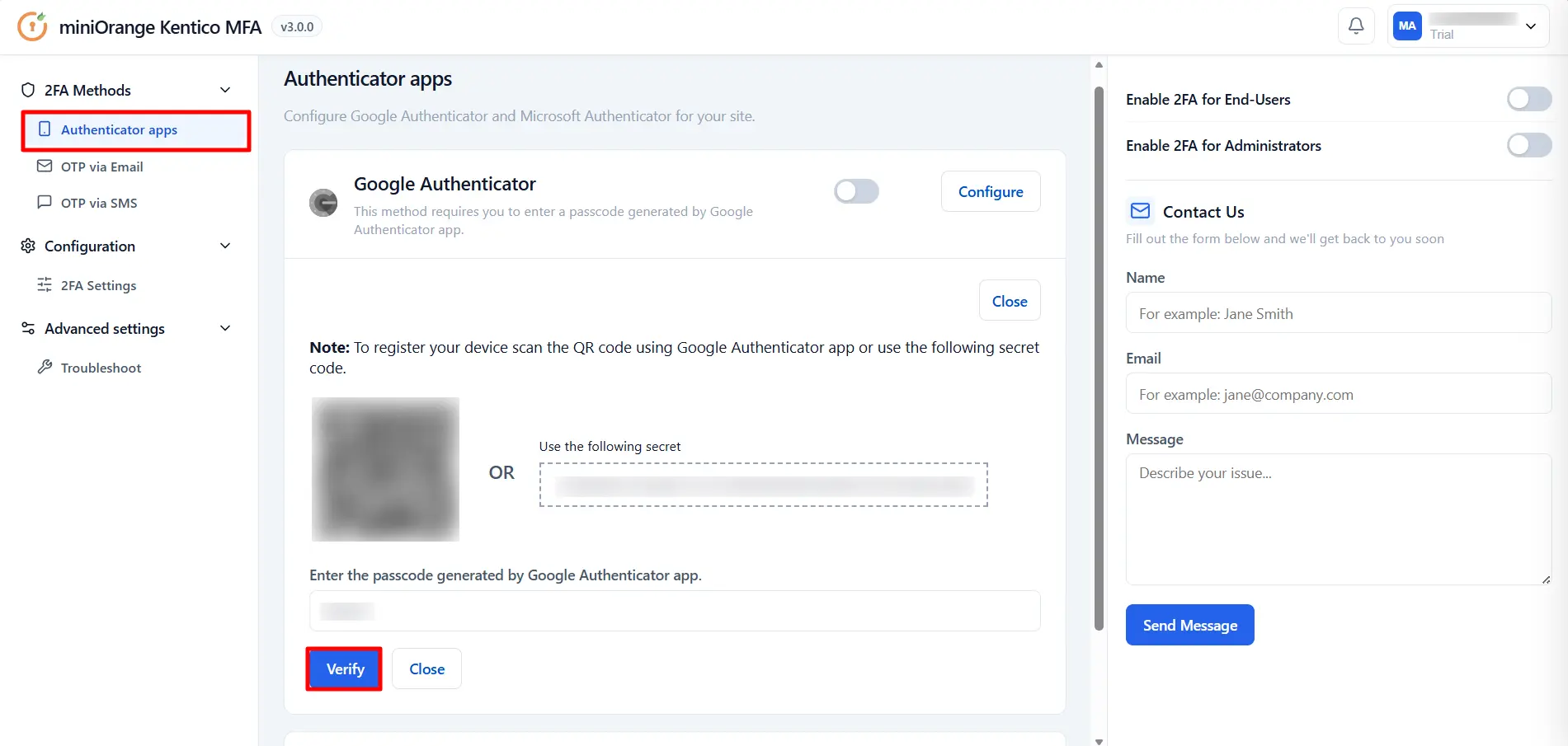 Kentico MFA - Verify Google Authenticator passcode