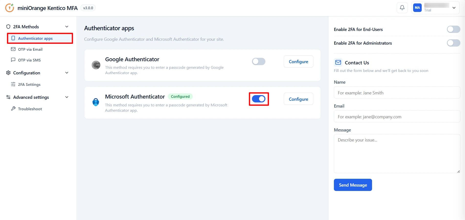 Kentico MFA - Microsoft Authenticator configured and active