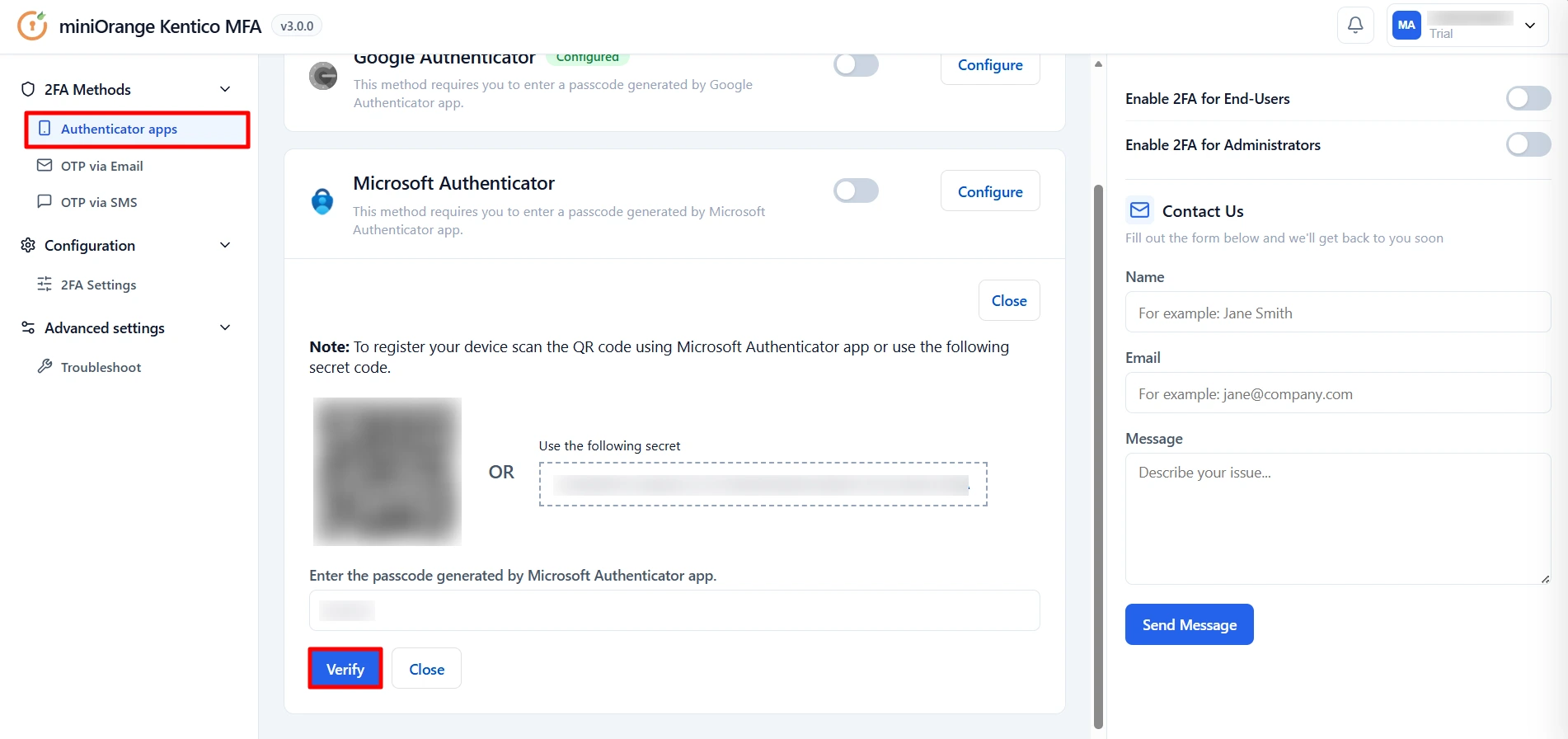 Kentico MFA - Verify Microsoft Authenticator passcode