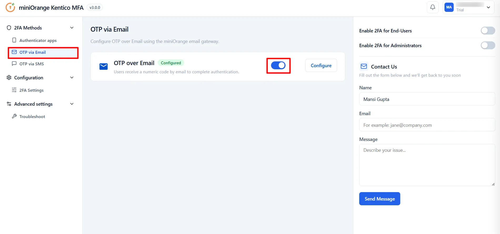 Kentico MFA - OTP over Email configured and active