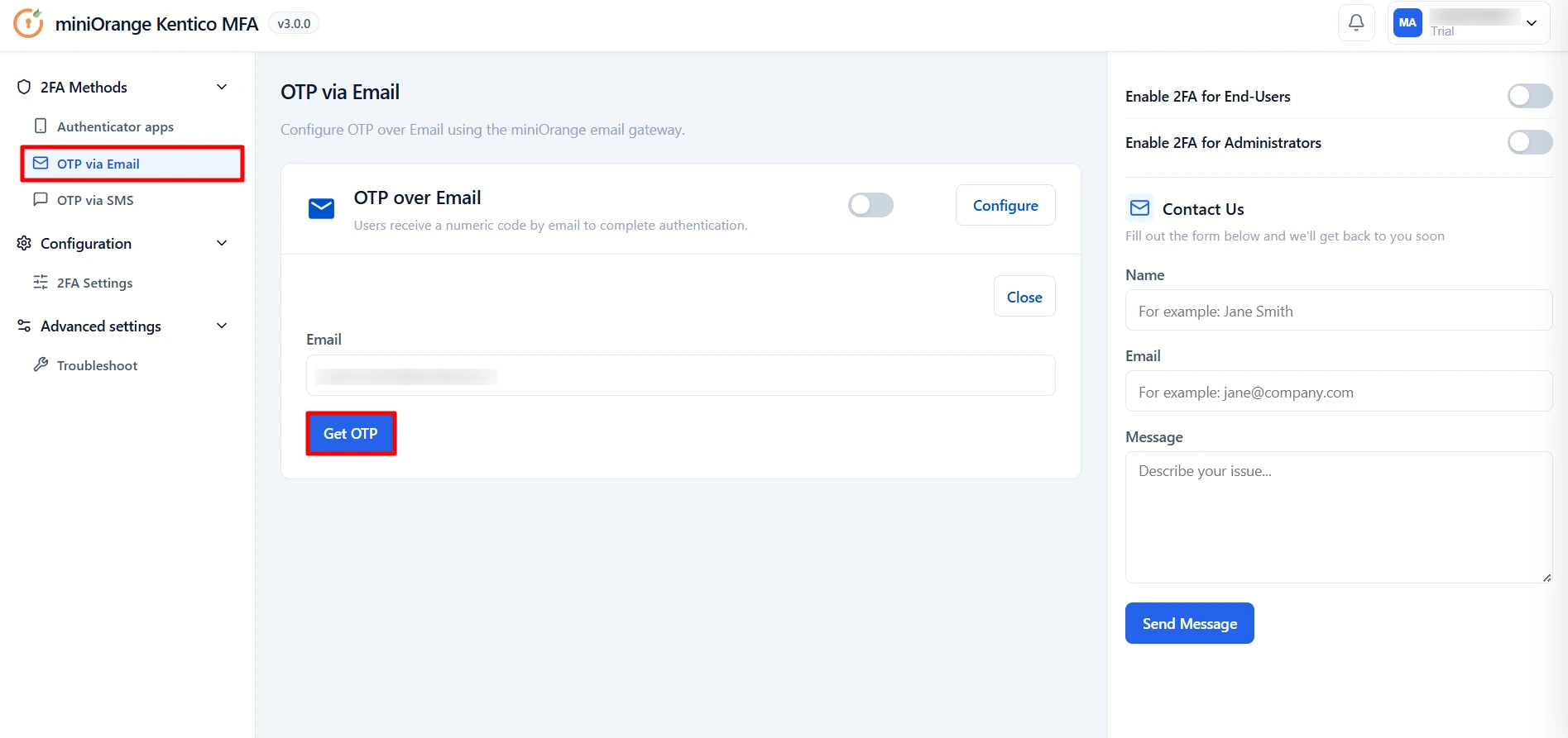 Kentico MFA - OTP over Email Get OTP