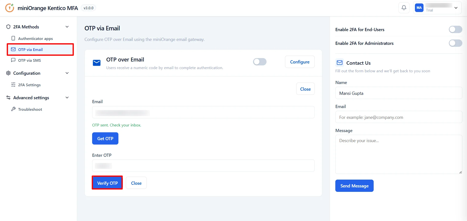 Kentico MFA - Verify OTP