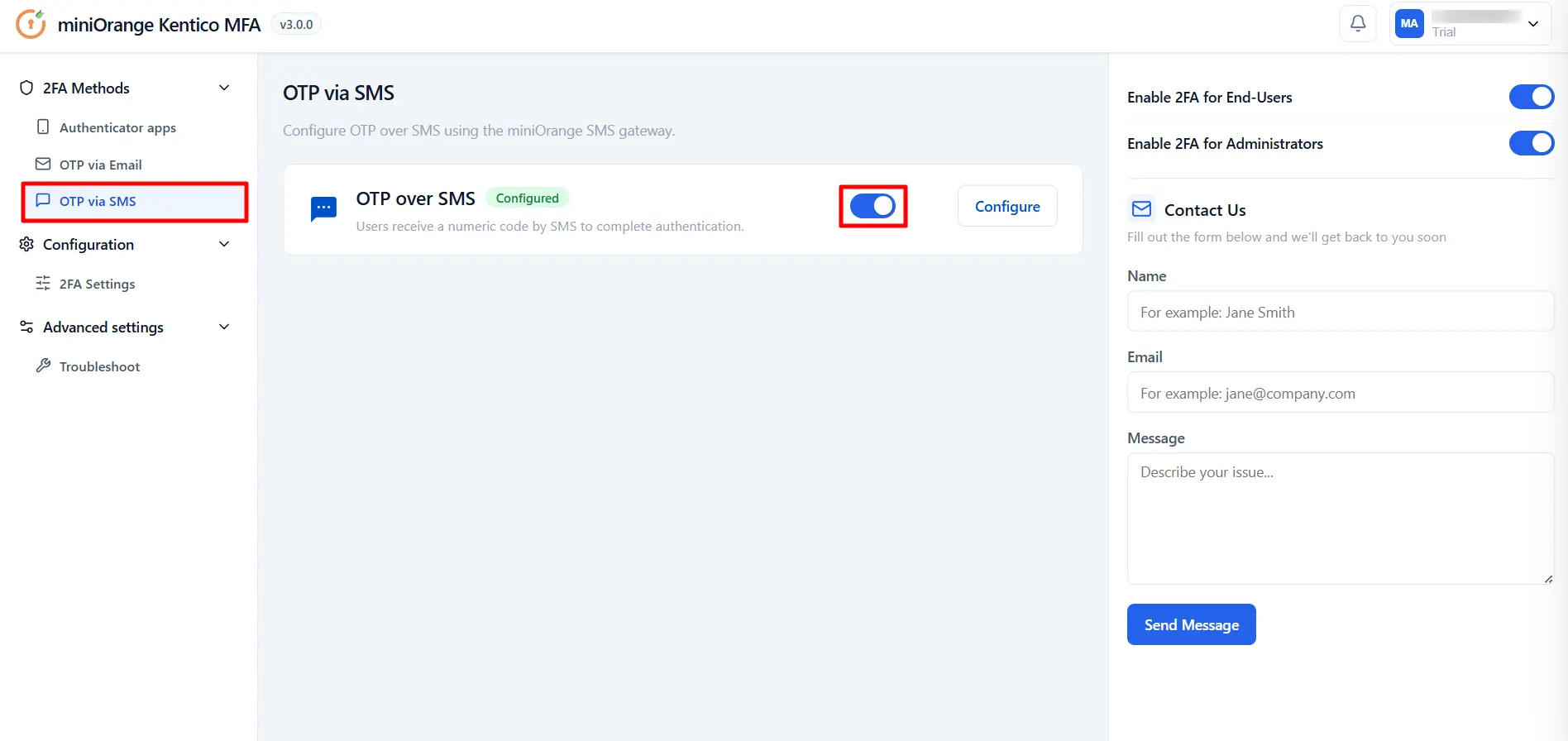 Kentico MFA - OTP over SMS configured and active