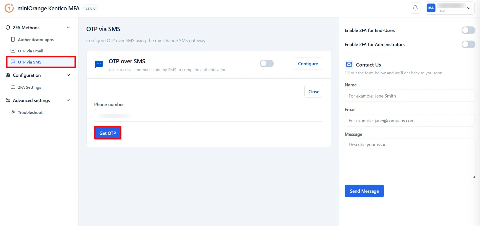 Kentico MFA - OTP over SMS Get OTP