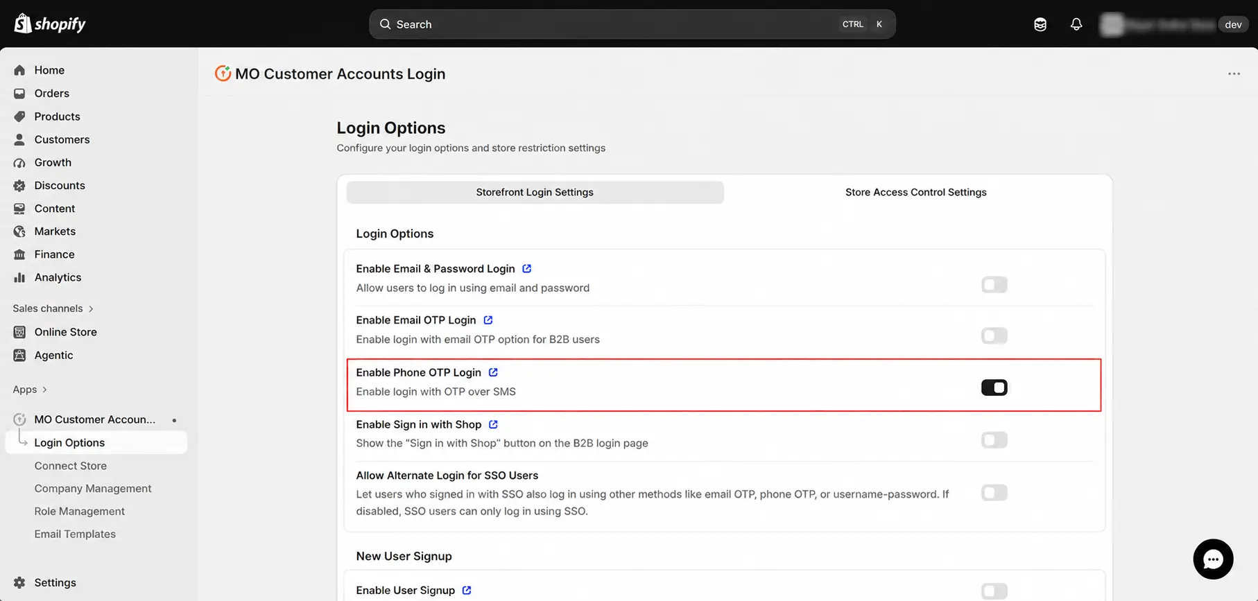 Enable Phone OTP Login on Shopify Plus Customer Accounts: Enable Phone OTP Login toggle in Shopify customer accounts login options