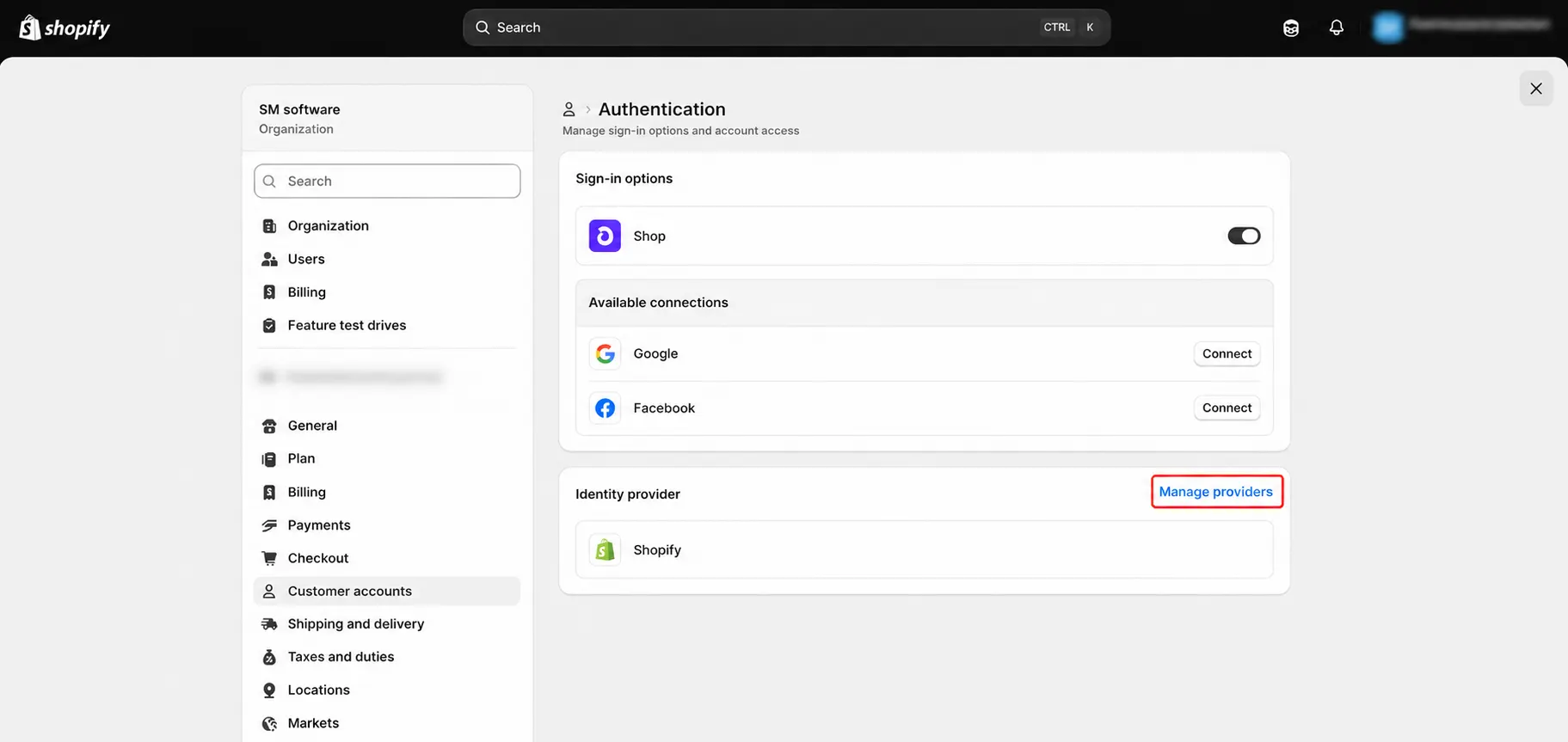  Enable Phone OTP Login on Shopify Plus Customer Accounts: Manage providers link in Shopify customer accounts authentication settings