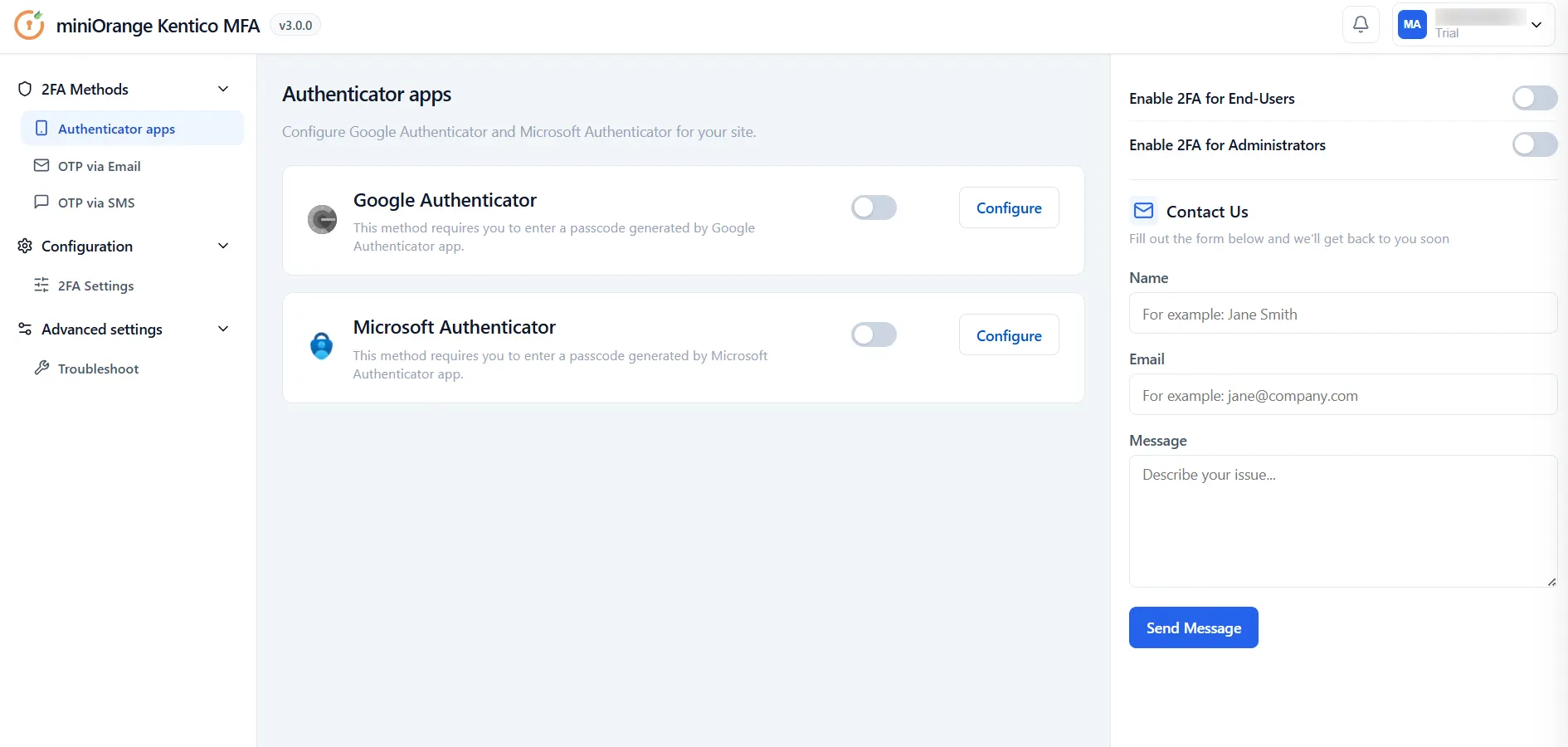 Kentico MFA - Plugin Dashboard