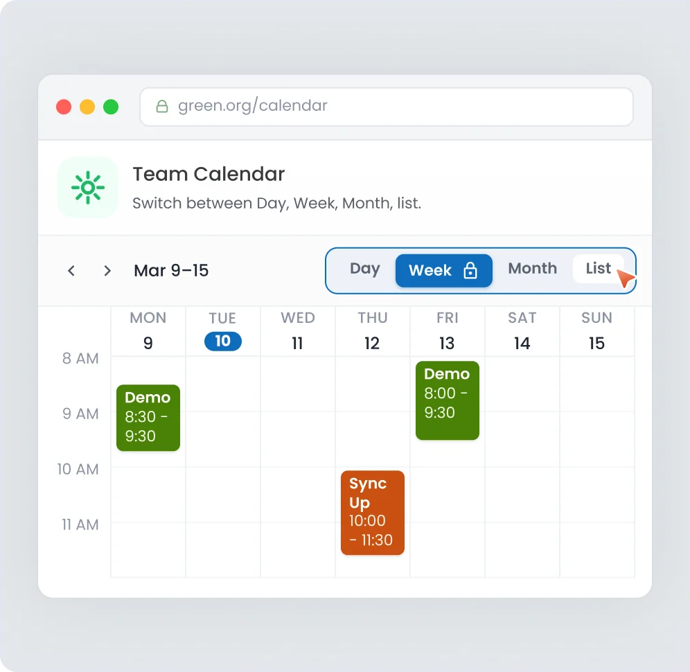 Show Calendars in List, Day, Week, or Month View