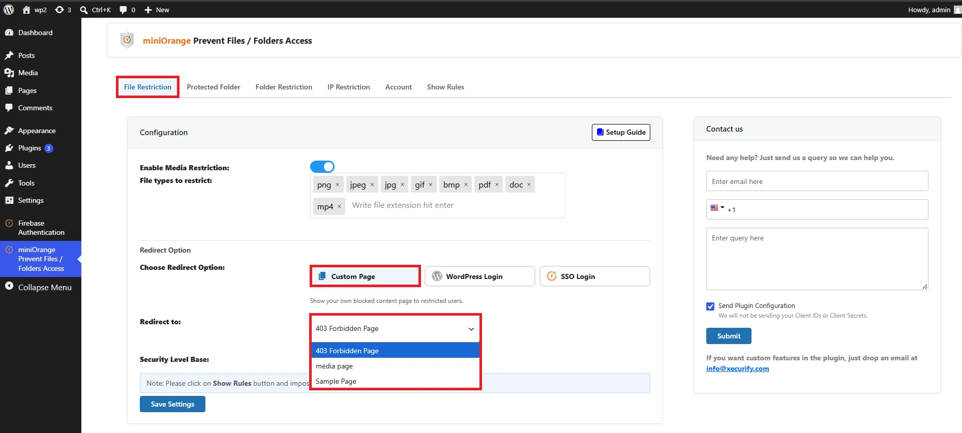 Redirect to Custom Page option - Prevent File Access plugin for WordPress
