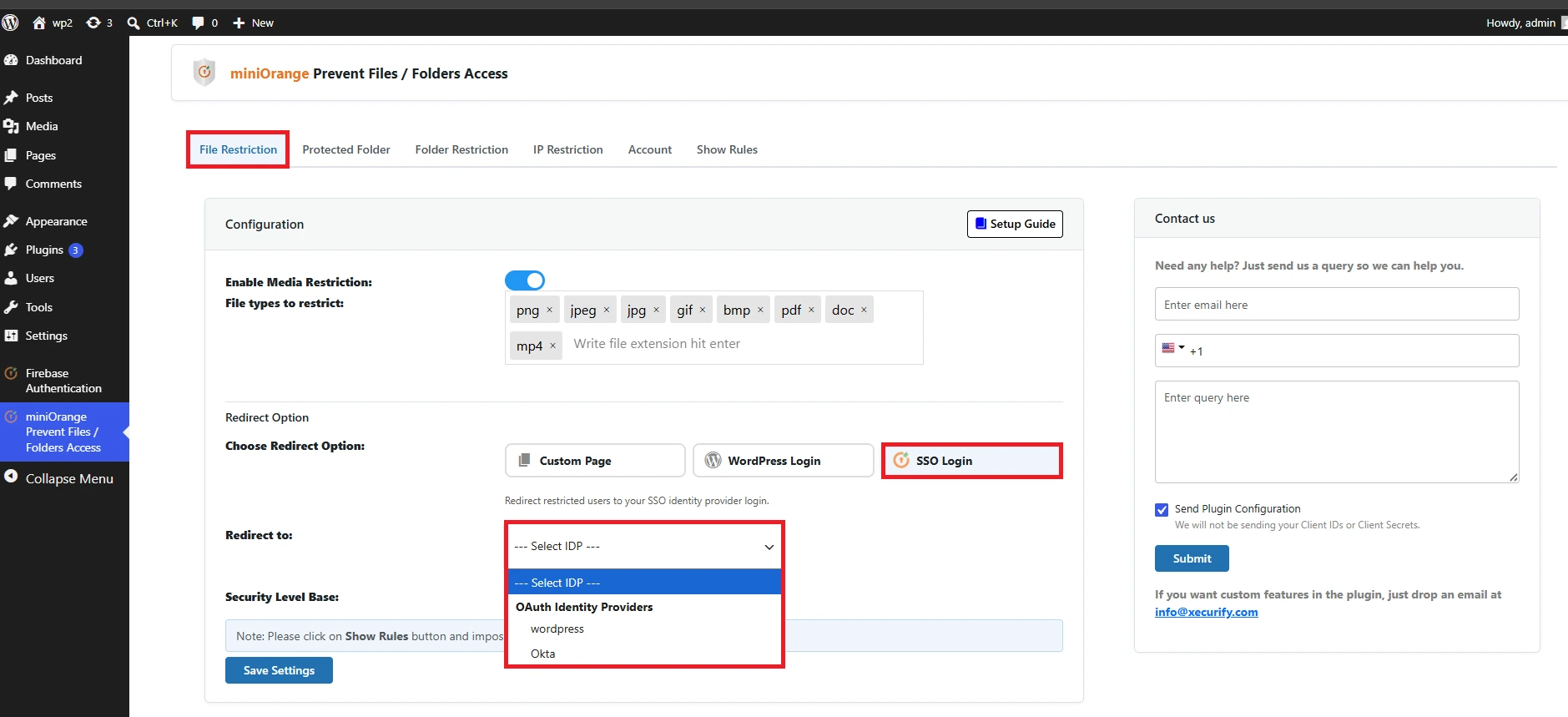 Redirect to SSO login option - Prevent File Access plugin for WordPress