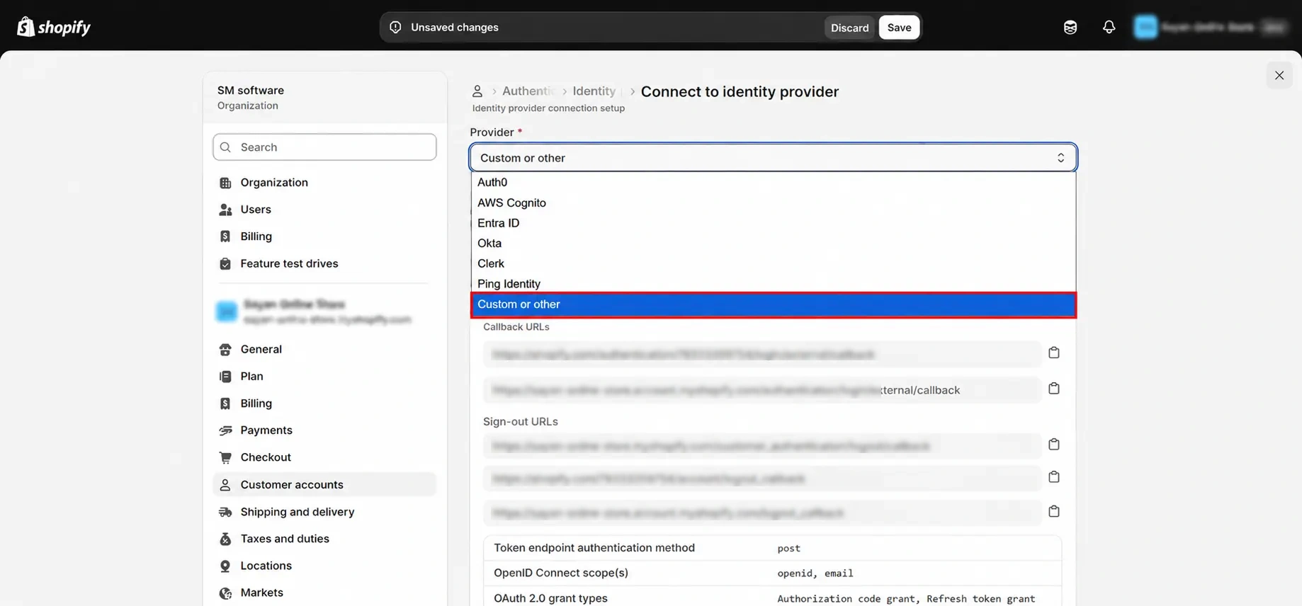 Enable Phone OTP Login on Shopify Plus Customer Accounts: Select Custom or other as the provider in Shopify customer accounts