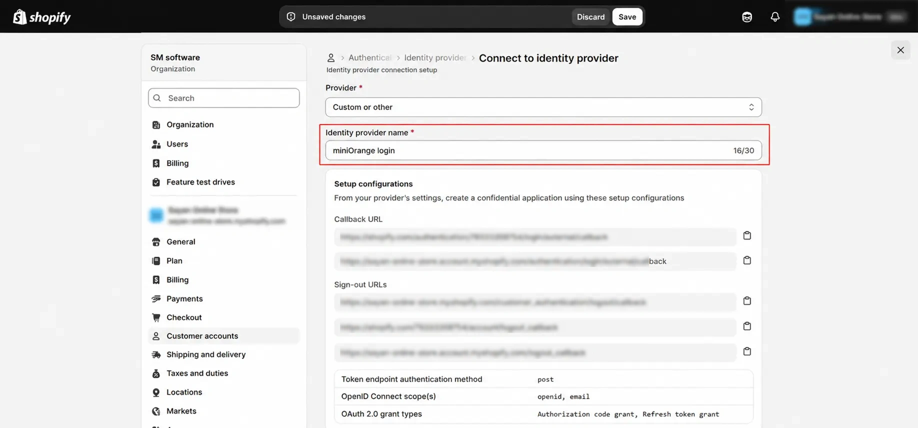 Enable Phone OTP Login on Shopify Plus Customer Accounts: Enter identity provider name miniOrange Login in Shopify
