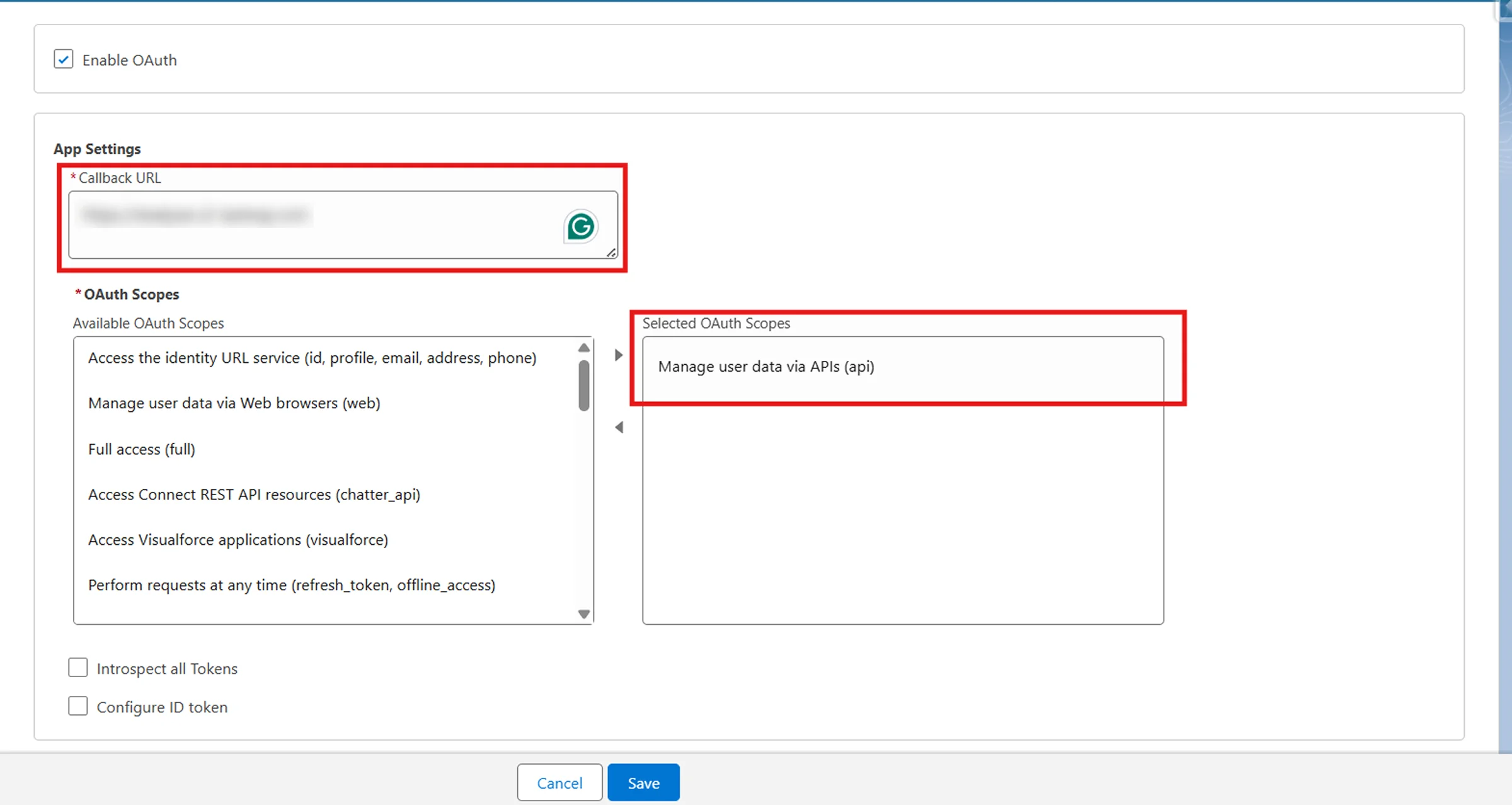 Configure Salesforce Sync with WordPress - Callback URL and OAuth Scopes