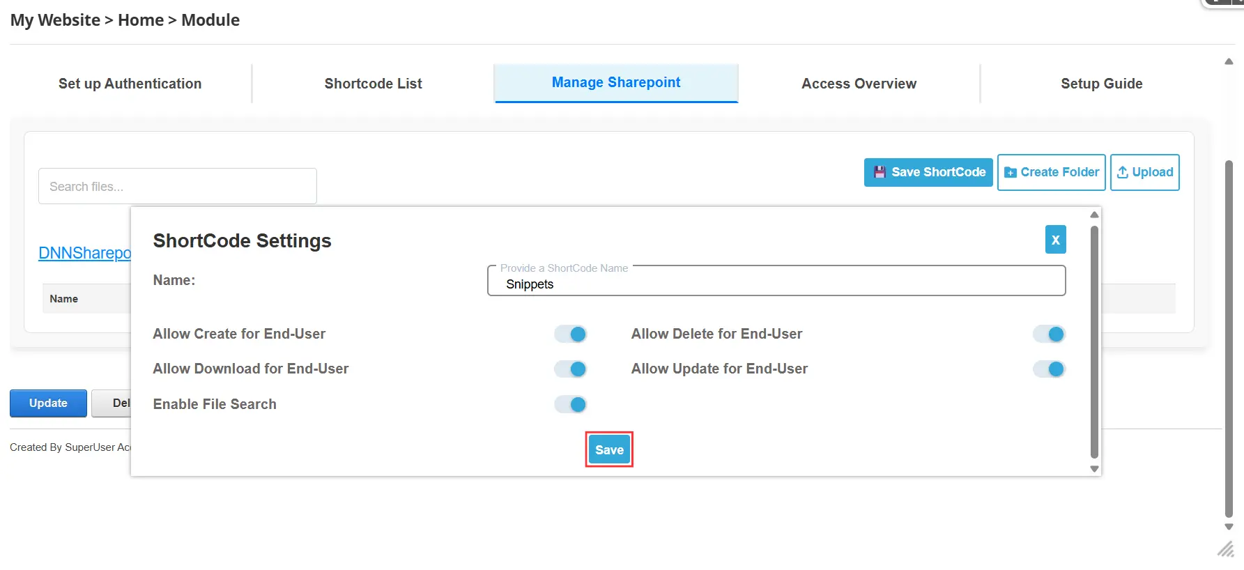DNN Sharepoint Integration Enterprise - ShortCode Settings