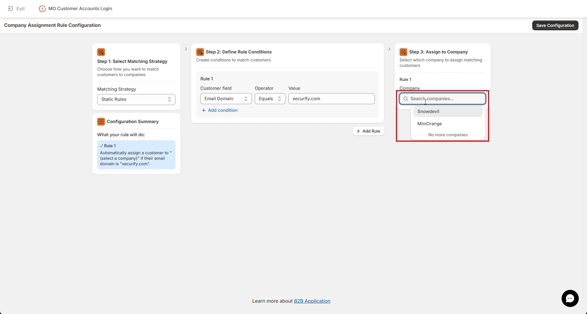 Assign to Company and Configuration Summary - Shopify B2B Company Assignment