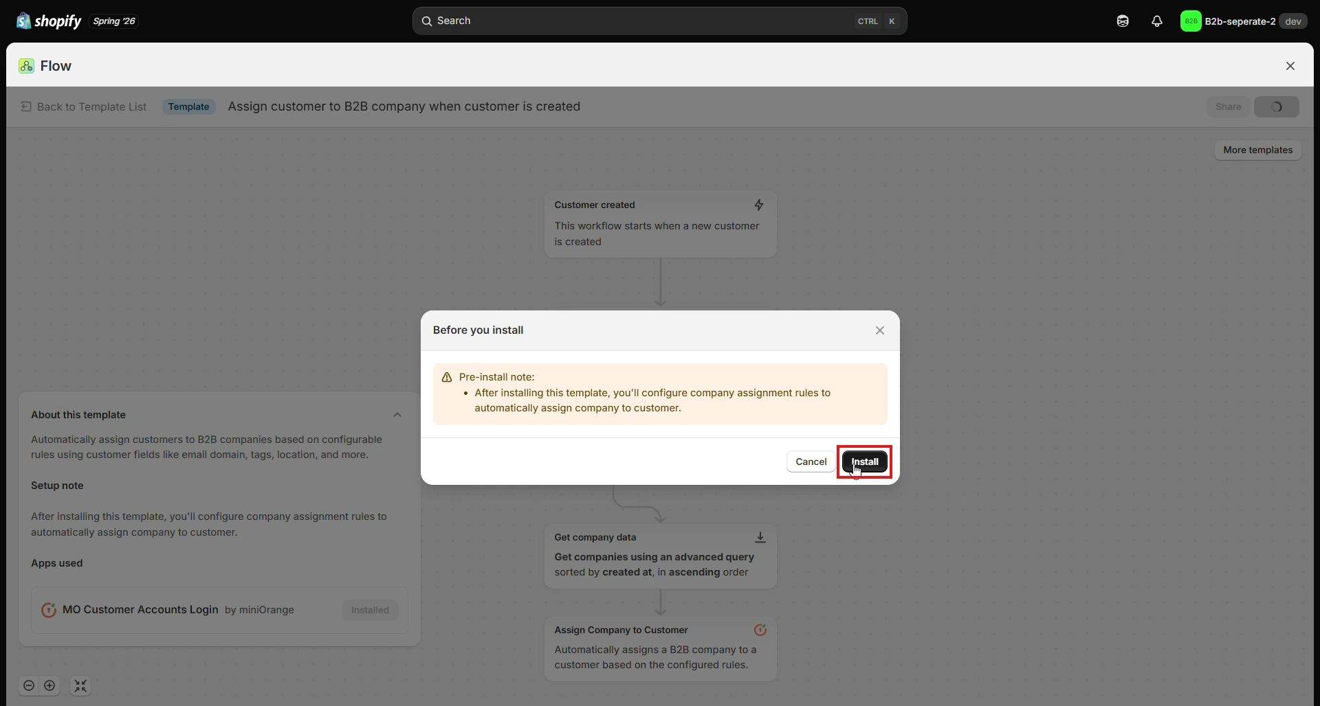 Before You Install Dialog - Shopify B2B Company Assignment